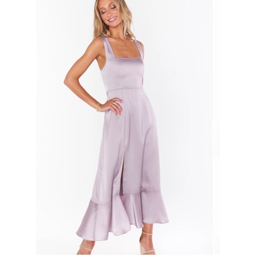 Show Me Your Mumu Claire Midi Dress‎ Lilac Satin Ruffle Hem Square Neck Small